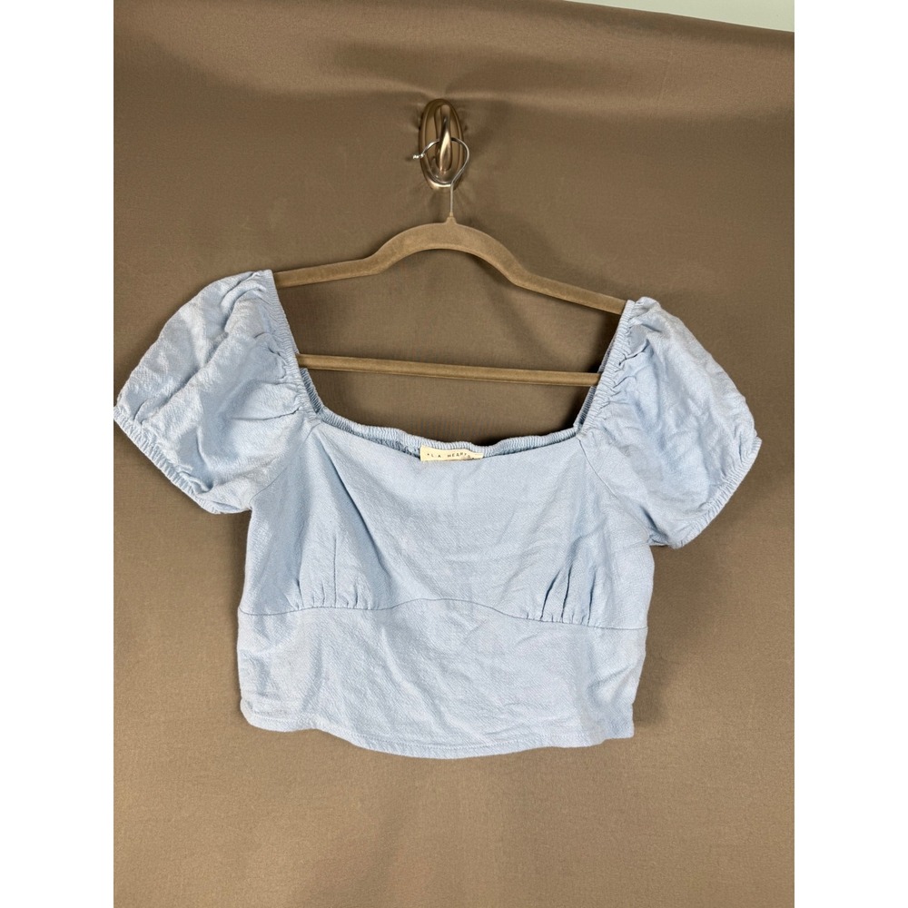LA Hearts Crop Top Womens Small Light Blue Smocked Back Puff Sleeve Rayon Linen